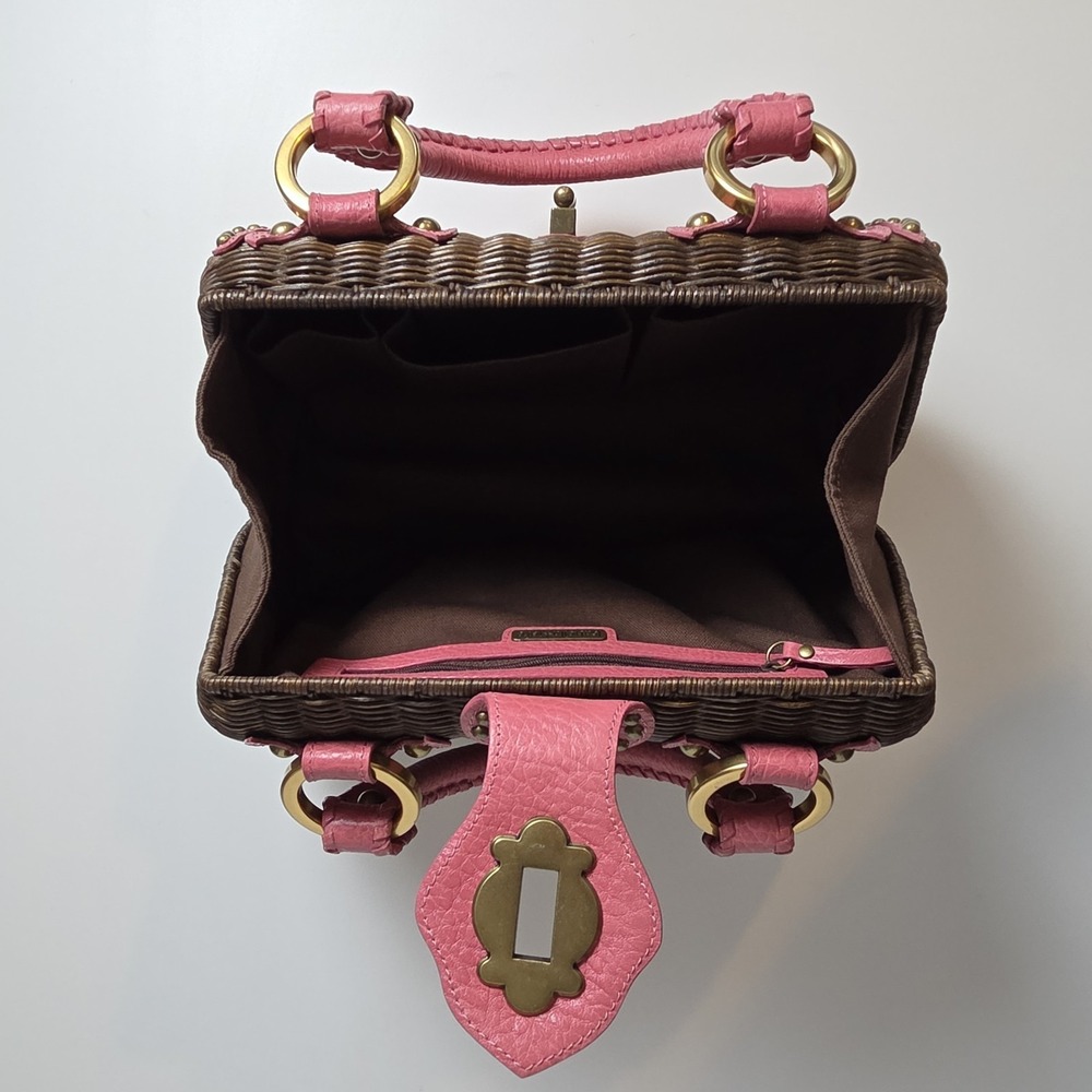 VTG Isabella Fiore Pink Leather Wicker Satchel Studded Trim Boho Handbag Rare - Picture 8 of 16